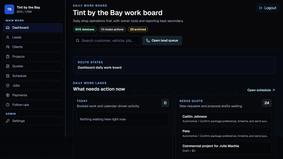 Tint by the Bay BOS daily work board